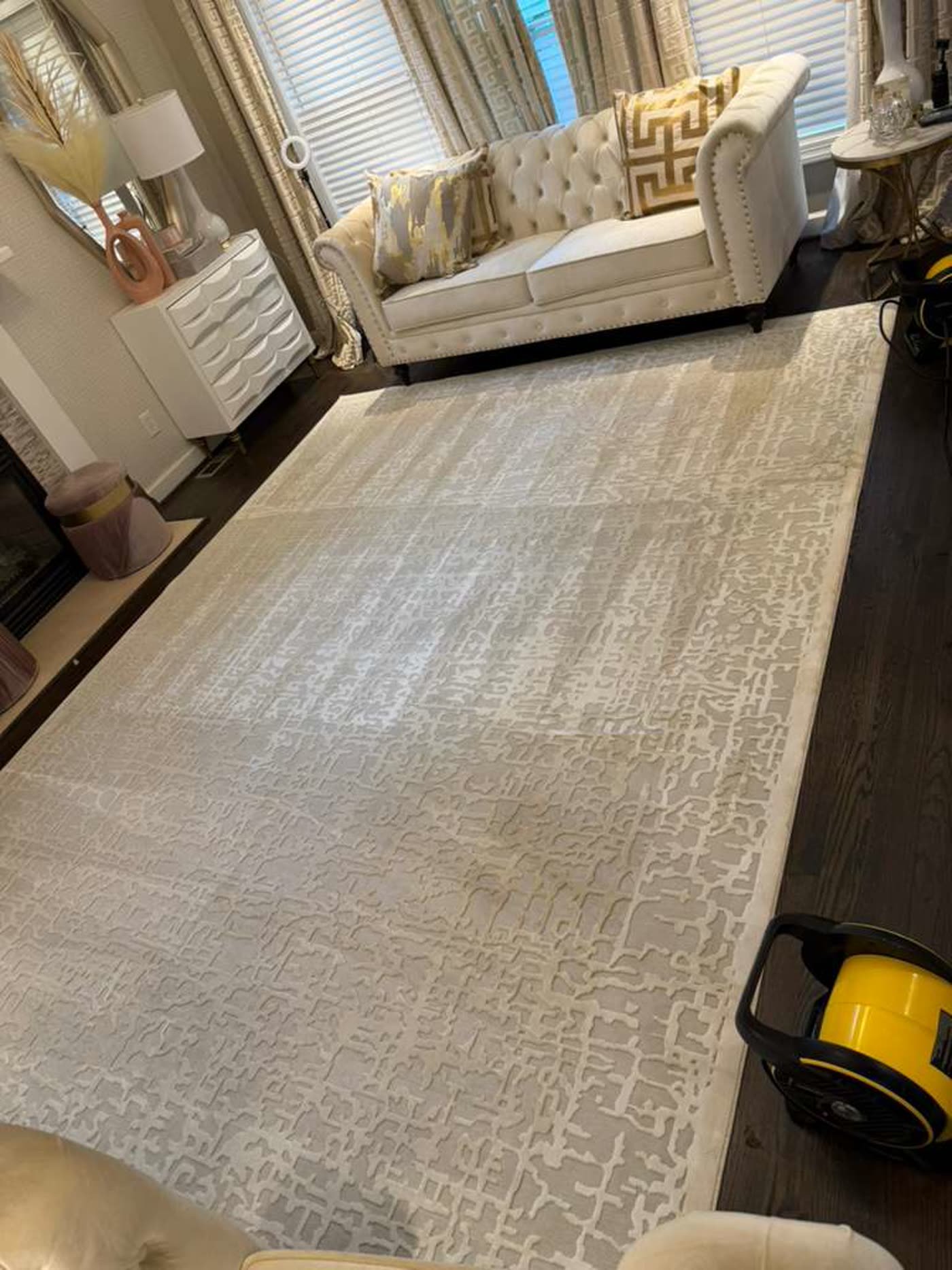 A patterned area rug in an upscale living room, freshly cleaned and drying under an air mover